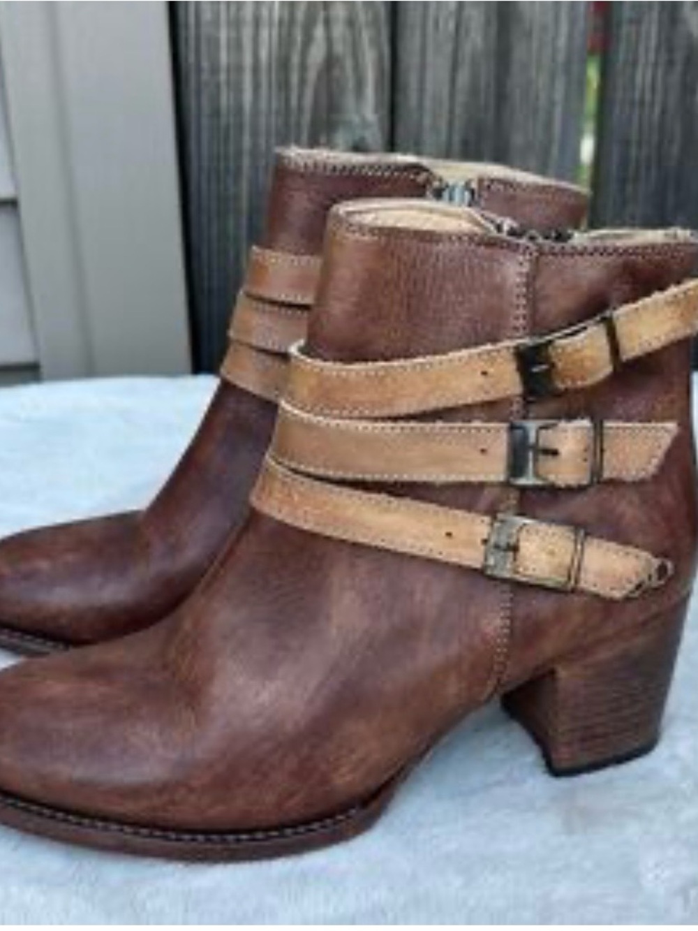 Bed Stu bench made western Two-Tone Brown Leather Buckle Ankle Boots sz 8